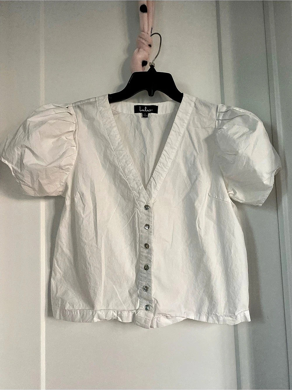 Lulus White Puff Sleeve Button-Front Top, Large